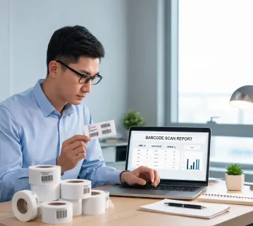 Printer media analyst reviewing label roll samples
