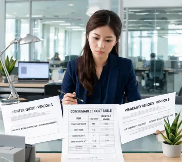 Procurement coordinator comparing printer quote documents