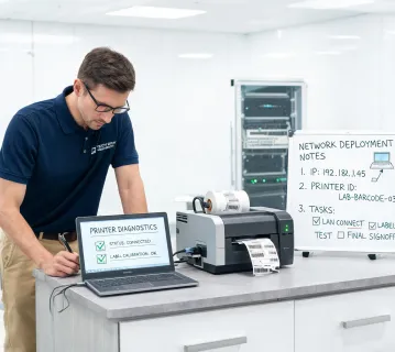 Printer deployment engineer with diagnostic laptop